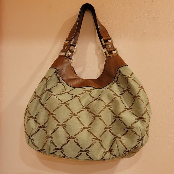 Rare Longchamp Logo Brown Jacquard & Brown Leather Hobo Shoulder Bag - Picture 2 of 16